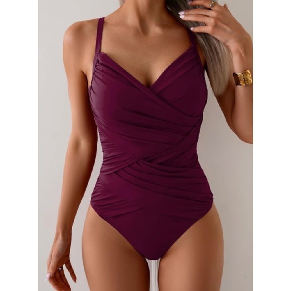 NEW Burgundy Ruched Medium One Piece Swimsuit Tummy Control Swimwear‎